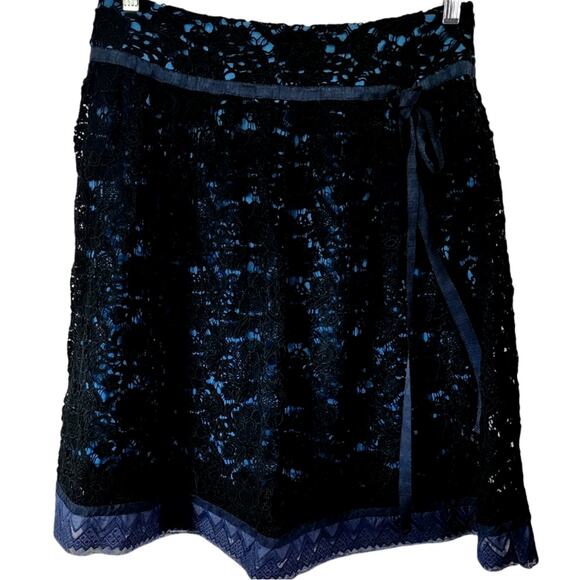 Sundance Black Eyelet Lace Overlay Blue Midi Skirt Size 6 - Picture 1 of 6